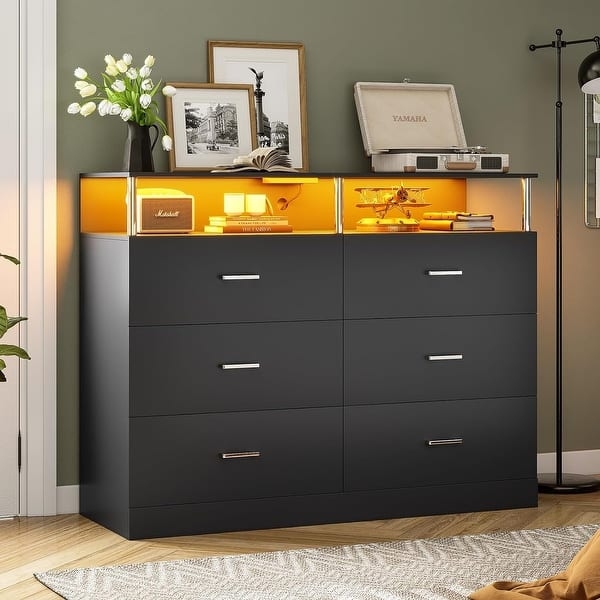 Double Dresser Integrated Lighting Charging Station Open Shelf Contemporary