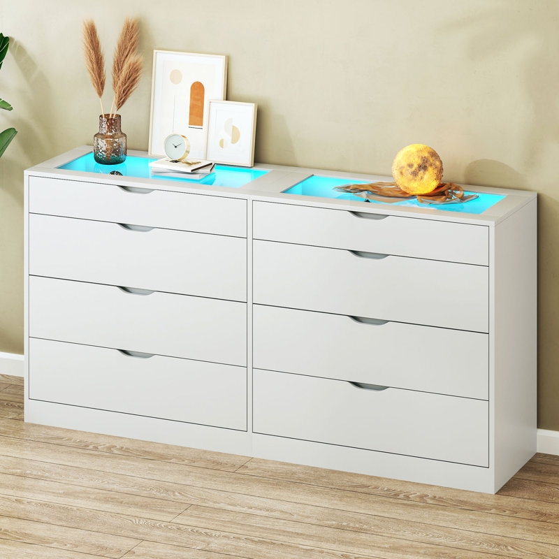 Double Dresser LED Display Glass Top White Modern Minimalist
