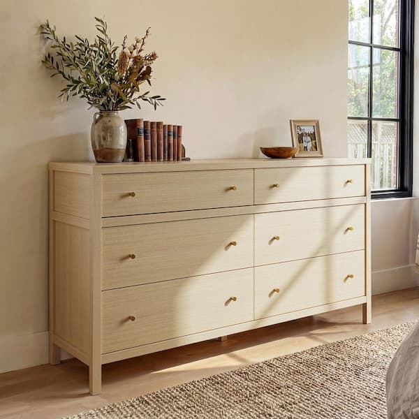 Double Dresser, Light Blonde Finish, Minimalist Gold Knobs
