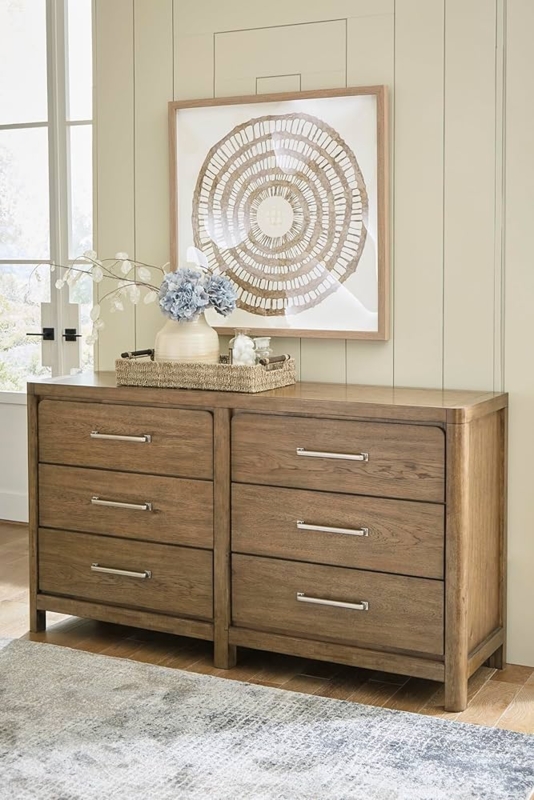 Double Dresser Light Brown Rounded Frame Edges Horizontal Metal Pulls