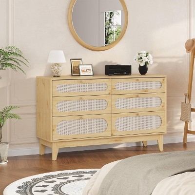 Double Dresser Light Oak Rattan with Oval Panels & Tapered Legs