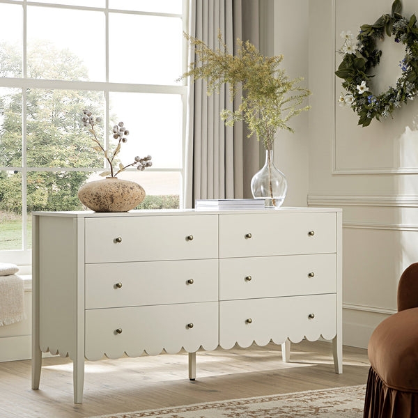 Double Dresser Light Sand Scalloped Edge Tapered Legs Scandinavian