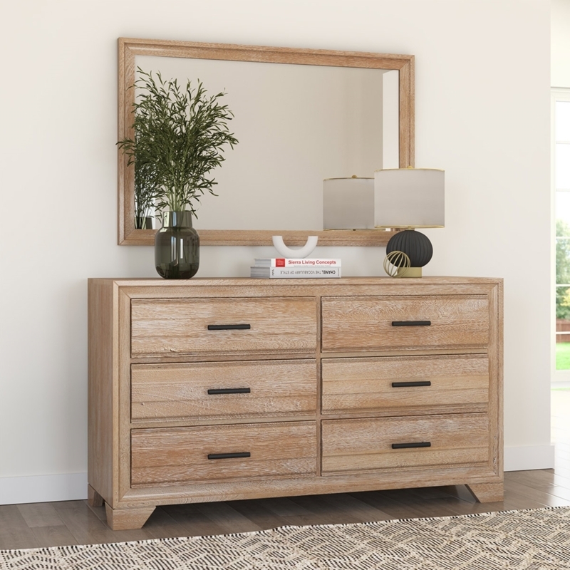 Double Dresser Light Wood Finish Black Hardware 6 Drawers Farmhouse