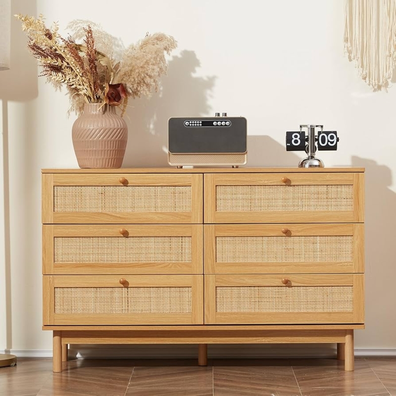 Double Dresser: Light Wood, Woven Panels, Round Knobs.