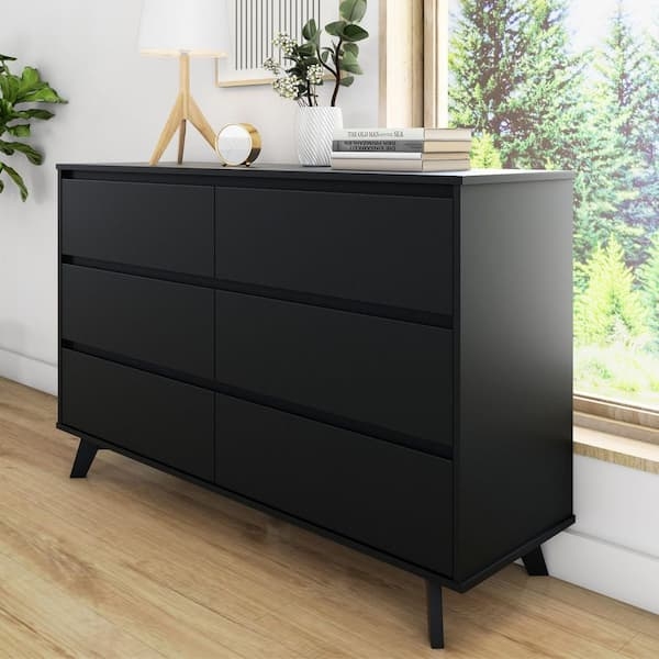 Double Dresser Matte Black Finish Handleless Front Splayed Legs Modern