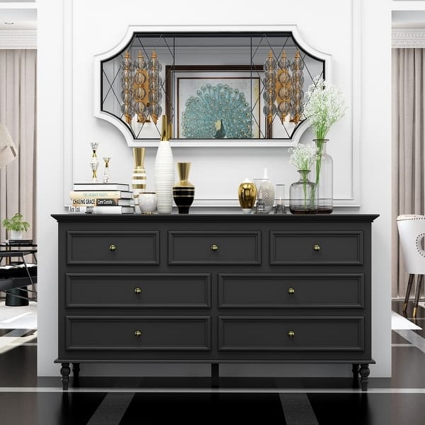 Double Dresser Matte Black Finish Seven Drawers Recessed Panels