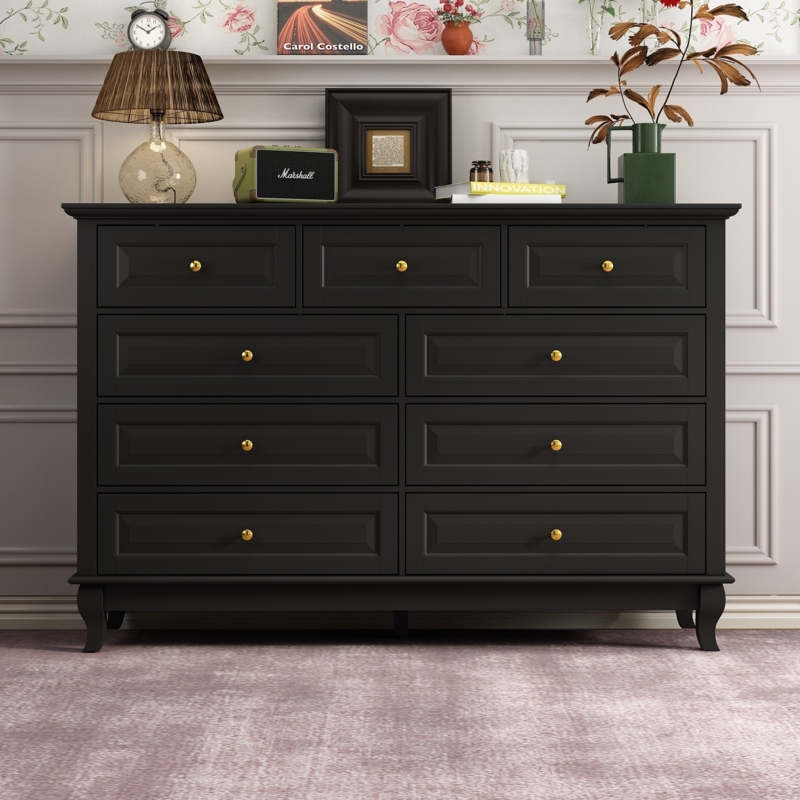 Double Dresser Matte Black Nine-Drawer Traditional with Gold Knobs