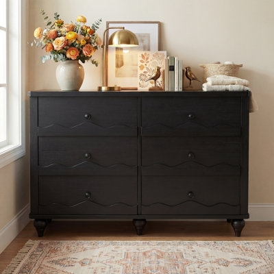 Double Dresser Matte Black Scalloped Fronts Bun Feet Traditional