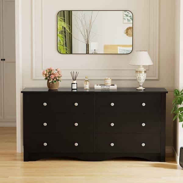 Double Dresser: Matte Black Six Drawer Dresser with Arched Apron Feature.