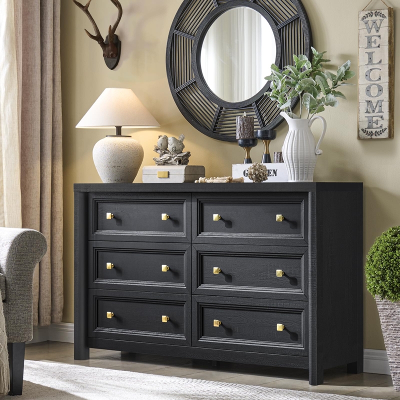Double Dresser Matte Finish Six Drawer with Gold Square Knobs