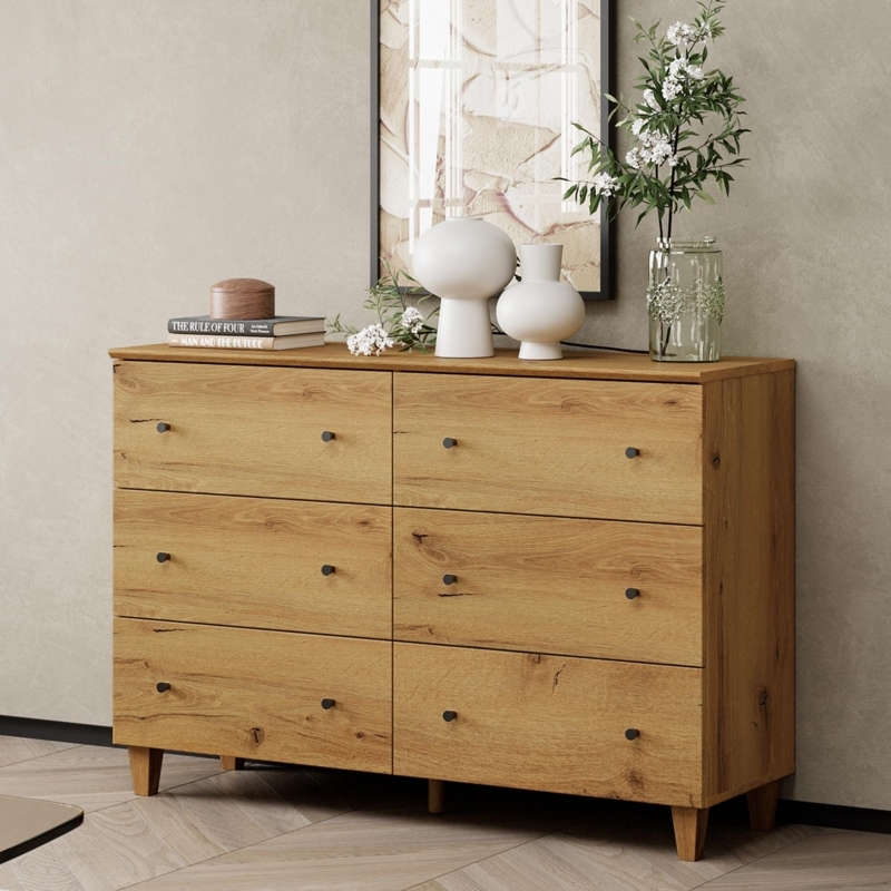 Double Dresser Mid-Century Inspired Oak Brown Black Knobs Tapered Legs