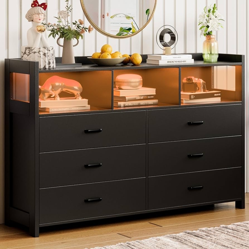 Double Dresser Modern Black Chest with Integrated LED Lighting