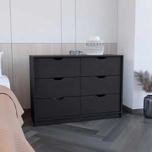Double Dresser: Modern Black Matte Finish Cutout Handles Six Drawers
