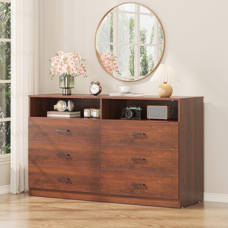 Double Dresser Modern Walnut Finish Open Cubbies Horizontal Pulls