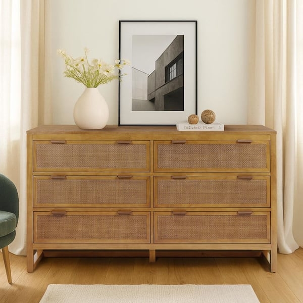 Double Dresser Natural Wood Rattan Inset Panels Organic Modern