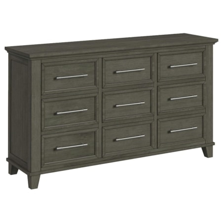 Double Dresser Nine Drawer Weathered Grey Recessed Panels Bar Pulls