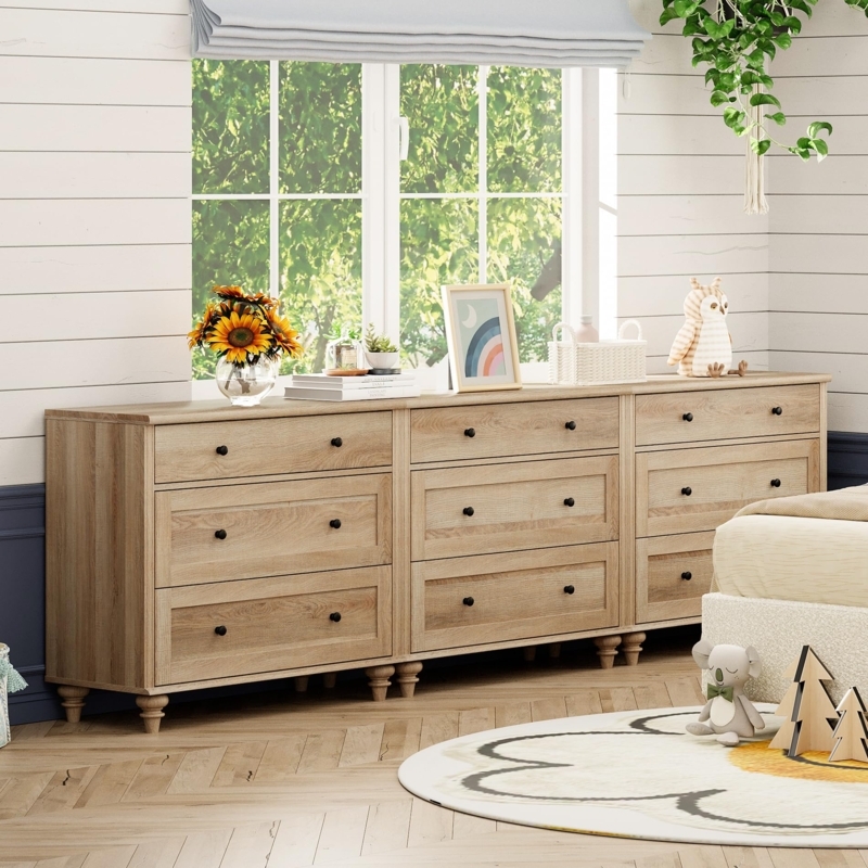 Double Dresser Oak-Toned 9-Drawer with Bun Feet Farmhouse
