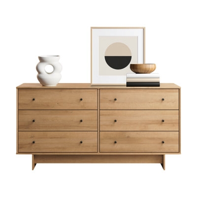 Double Dresser Oak Toned Finish Six Drawers Black Knobs Minimalist