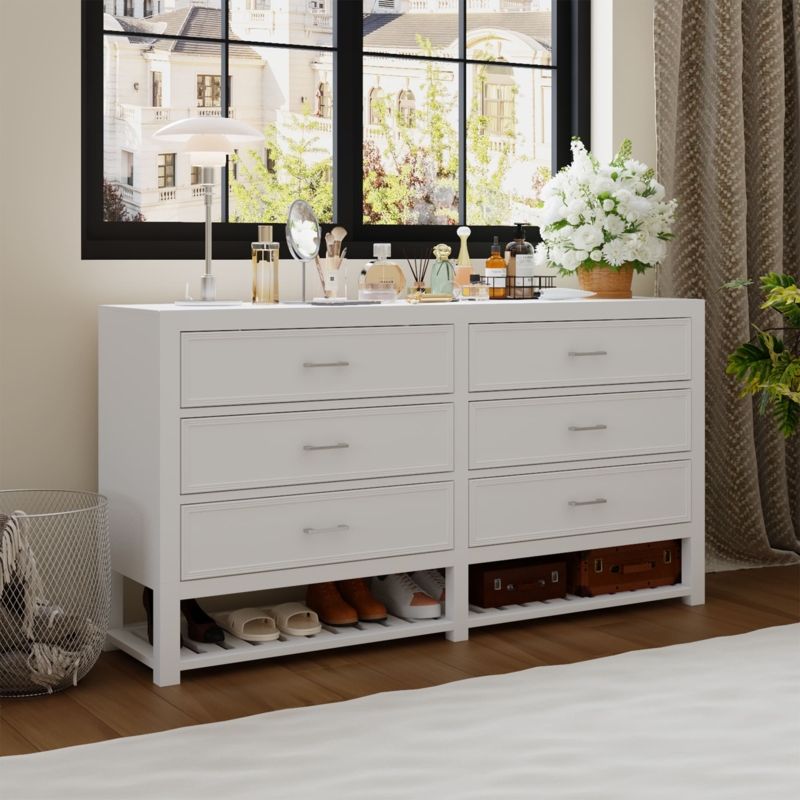 Double Dresser Open Bottom Shelf Slatted Transitional Style