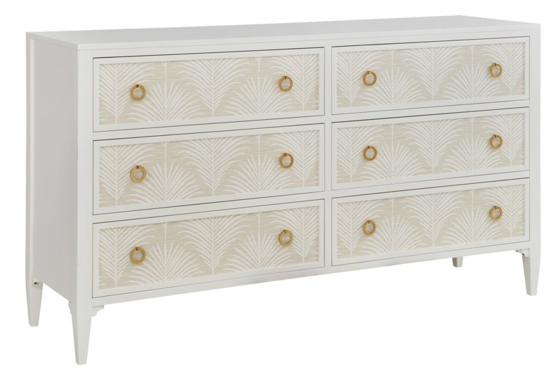 Double Dresser Palm Leaf Pattern with Gold Ring Pulls, White Tropical Chest