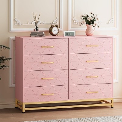 Double Dresser Pink Diamond Patterned Gold Metal Base Modern Glam