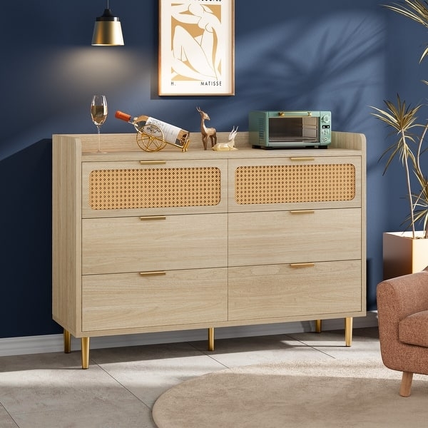 Double Dresser: Railed Top, Light Wood, Rattan Fronts.