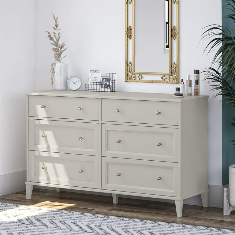 Double Dresser Recessed Panels, Taupe and Gold Hardware Accents