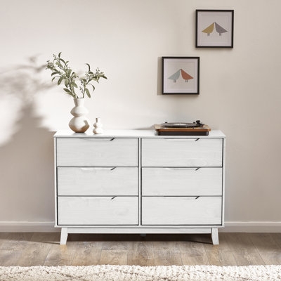Double Dresser, Recessed Pulls, Tapered Legs, Whitewashed Wood 6-Drawer