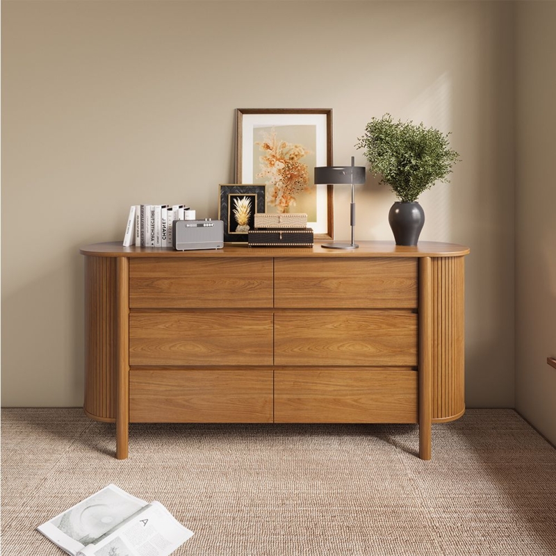 Double Dresser Ribbed Curved Ends Handleless Mid-Century Wood Styling