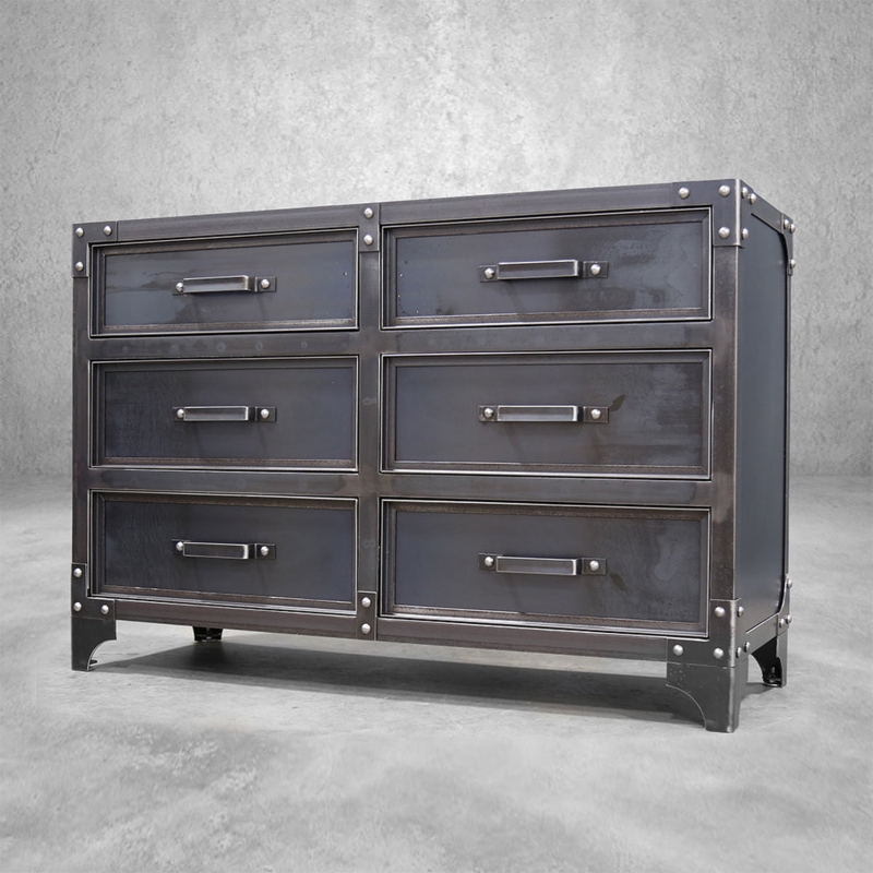 Double Dresser, Rivet Accents, Blackened Metal Finish, Six Drawers