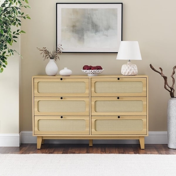 Double Dresser: Scandinavian Light Oak, Woven Cane, Black Knobs