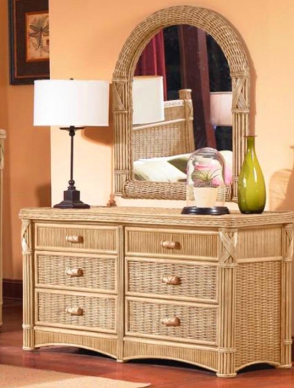 Double Dresser Set: Tropical Wicker, Arched Mirror Included.