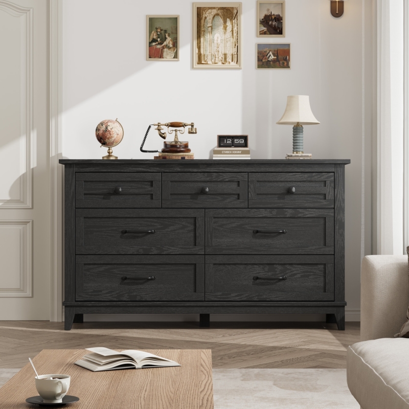 Double Dresser Seven-Drawer Charcoal Traditional Recessed Panels