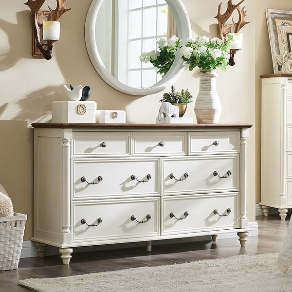 Double Dresser Seven Drawer Layout Cream & Wood Top Bun Feet