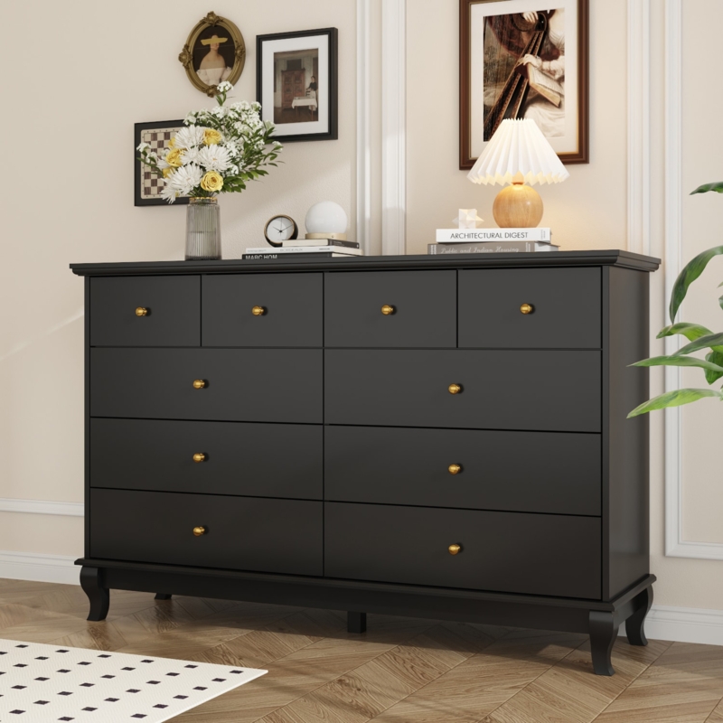 Double Dresser Ten Drawer Configuration with Gold Knobs and Bracket Feet