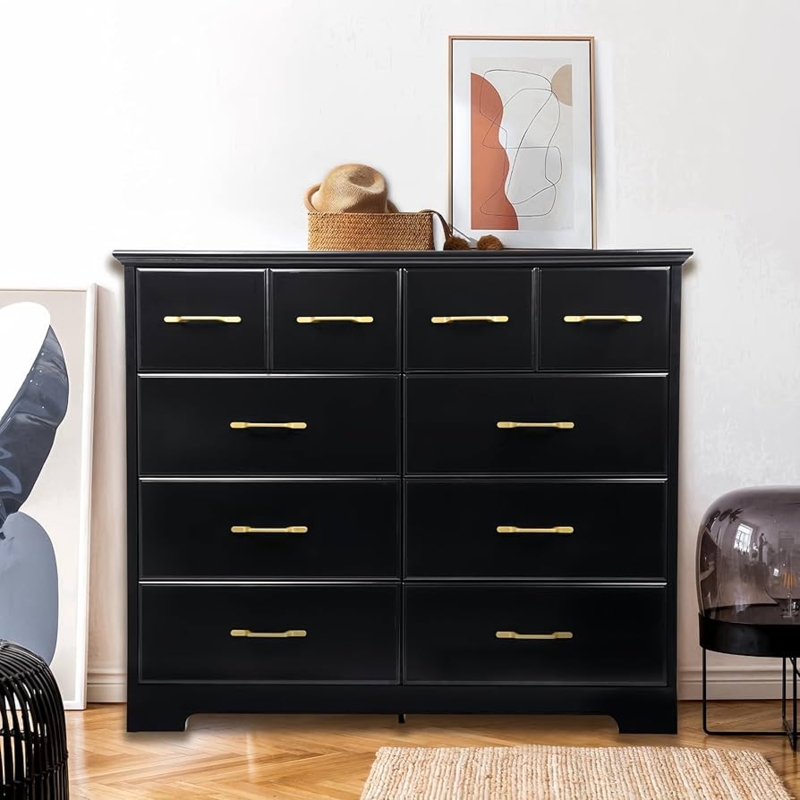 Double Dresser Ten Drawer Layout Gold Hardware Contrast Wide Chest