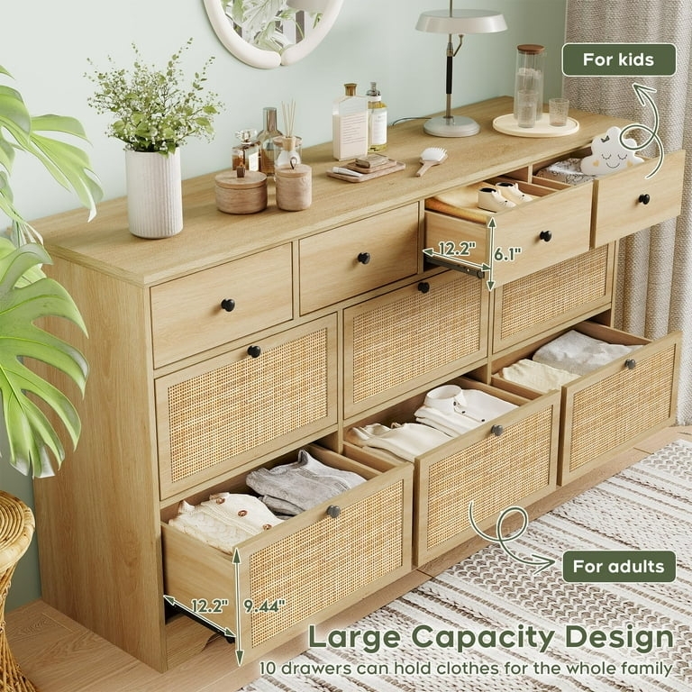 Double Dresser: Ten Drawers, Natural Rattan, Boho Storage.