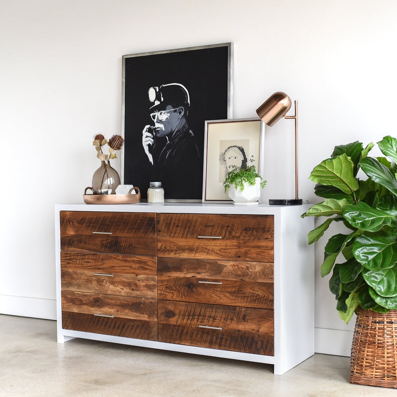 Double Dresser Textured Wood Fronts White Frame Industrial