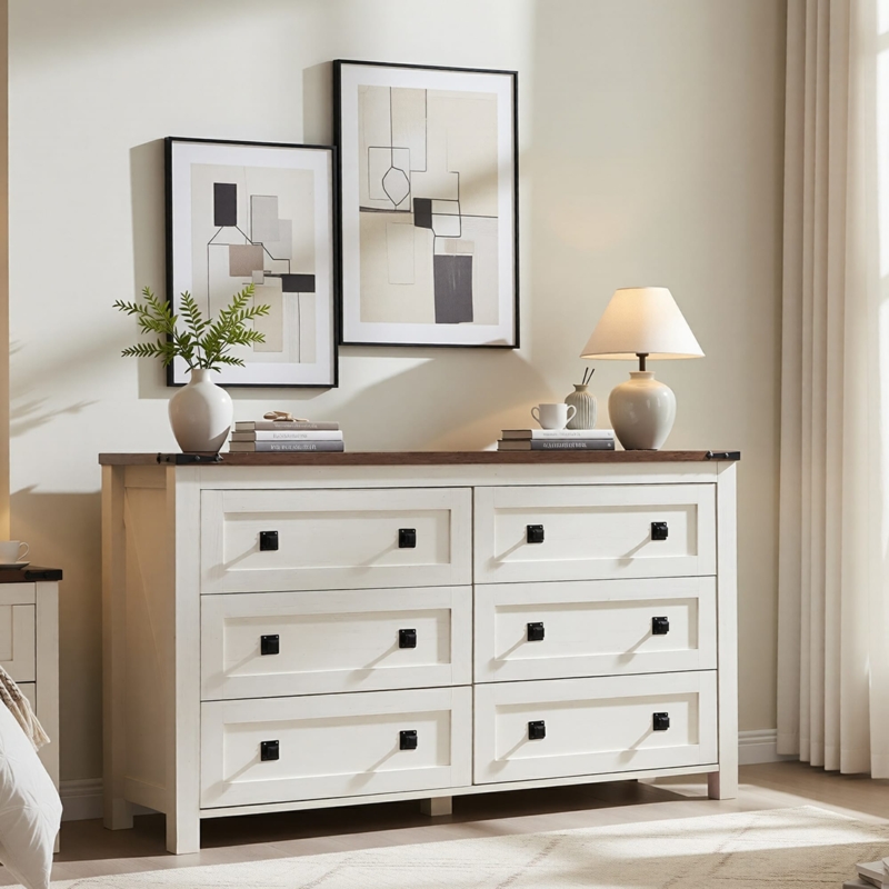 Double Dresser Two Tone Design White Dark Wood Top Farmhouse