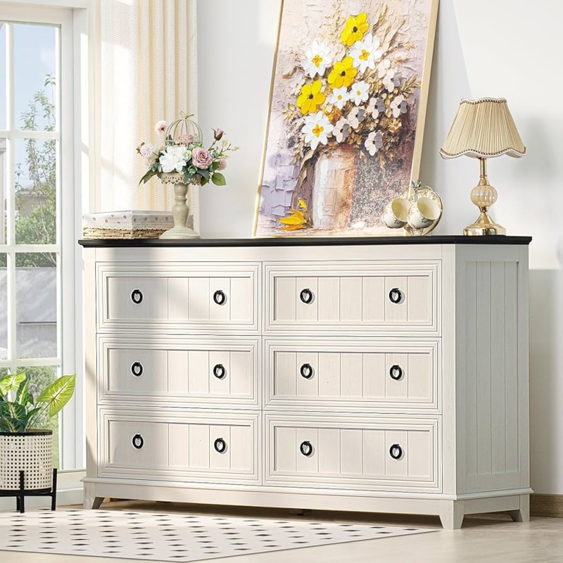 Double Dresser Two Tone Finish Black Ring Pulls Paneled Fronts Farmhouse