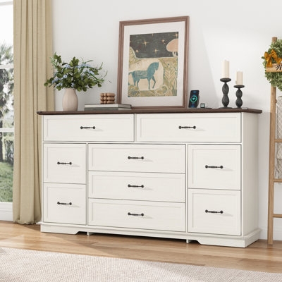 Double Dresser Two Tone Finish Nine Drawers Charging Station Farmhouse