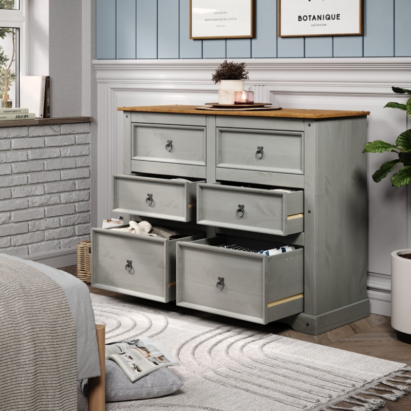 Double Dresser Two-Tone Grey and Wood with Ring Pulls