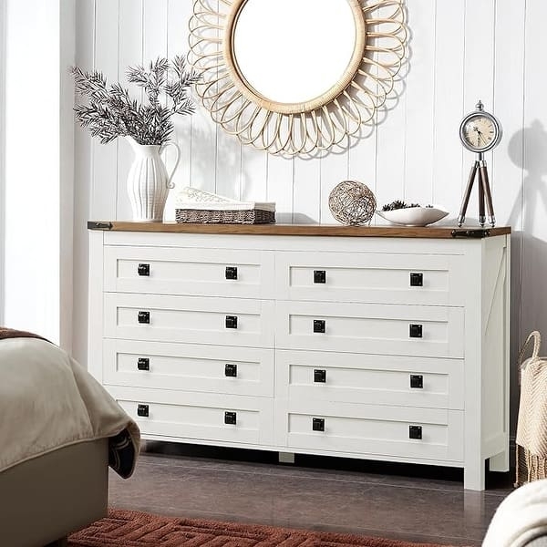 Double Dresser Two-Tone Wood Top 8 Drawers X-Side Detail Farmhouse