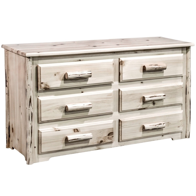 Double Dresser Unfinished Pine Log Pulls 6-Drawer