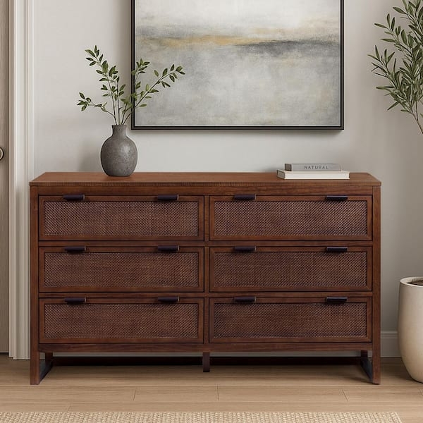 Double Dresser Walnut Finish Woven Inset Panels Organic Modern Style