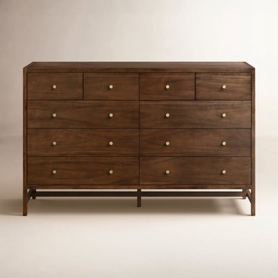Double Dresser Walnut Toned Ten Drawers Gold Knobs Wide Profile