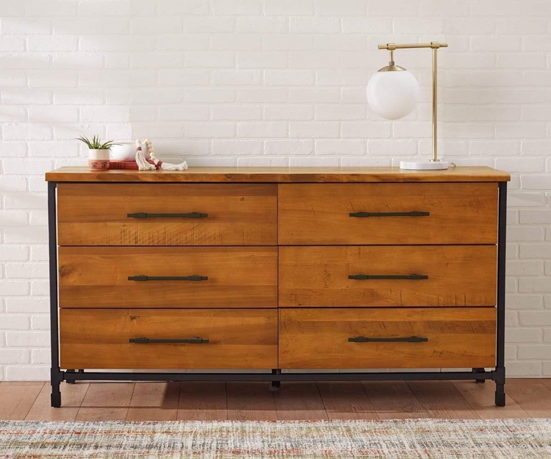 Double Dresser Warm Wood Black Metal Frame Horizontal Pulls