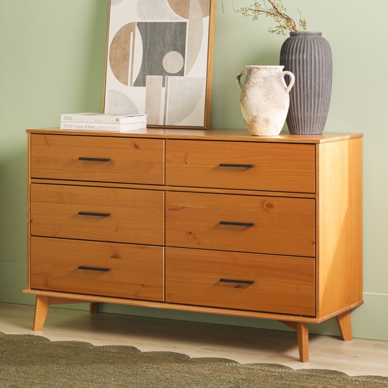 Double Dresser Warm Wood-Toned Finish, Horizontal Pulls, Splayed Legs