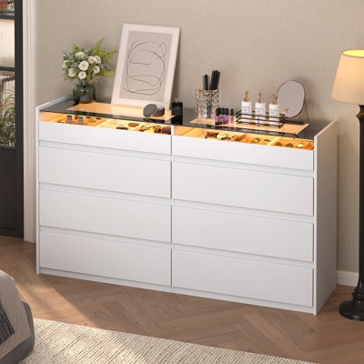 Double Dresser White 8 Drawer Glass Top Display Integrated LED