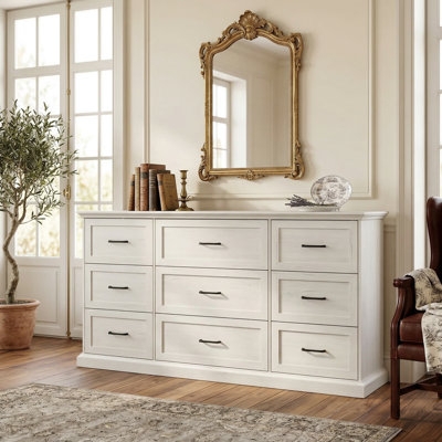 Double Dresser, White 9-Drawer Shaker Style, Slim Black Pulls
